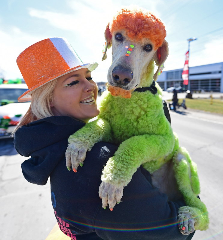 BOARDMAN, OHIO - MARCH 11, 2018: Brienna Donaldson holds Rowdy while marching on Market Street during the Mahoning Valley St. Patrick's Day Parade. DAVID DERMER | THE VINDICATOR