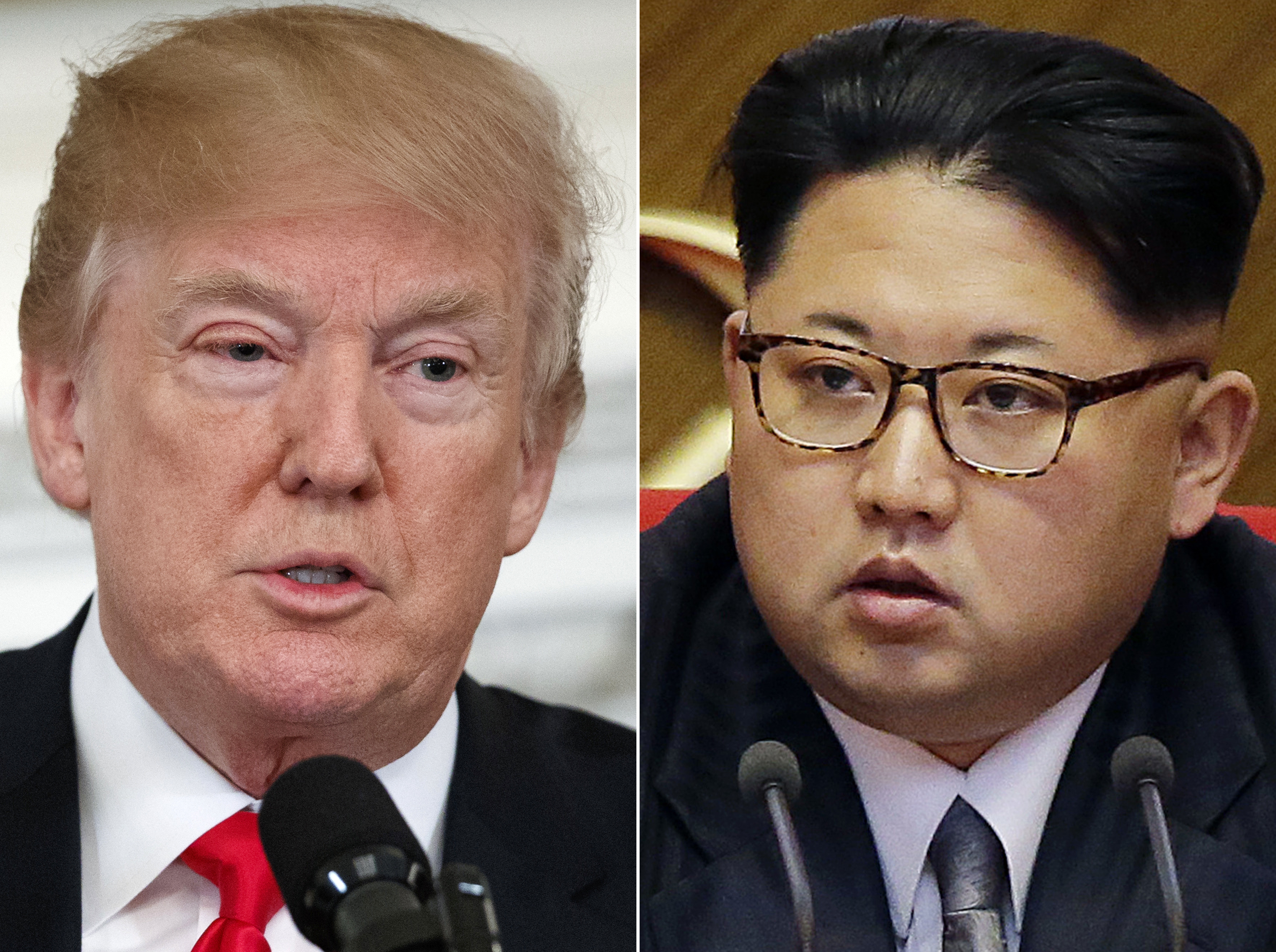 FILE - This combination of two file photos show U.S. President Donald Trump, left, speaking in the State Dining Room of the White House, in Washington on Feb. 26, 2018 and North Korean leader Kim Jong Un attending in the party congress in Pyongyang, North Korea on May 9, 2016.  President Donald Trump has accepted an offer of a summit from the North Korean leader and will meet with Kim Jong Un by May, a top South Korean official said Thursday, March 8, 2018,  in a remarkable turnaround in relations between two historic adversaries.  (AP Photo/Evan Vucci, Wong Maye-E, File)