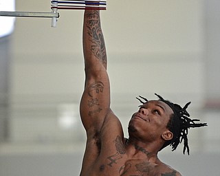 YOUNGSTOWN, OHIO - MARCH 13, 2018: Youngstown State's Damoun Patterson tests his vertical jump during the Youngstown State football pro day, Tuesday morning at the Watts Indoor Facility. DAVID DERMER | THE VINDICATOR