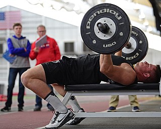 YOUNGSTOWN, OHIO - MARCH 13, 2018: Youngstown State's Kevin Rader competes during the bench press during the Youngstown State football pro day, Tuesday morning at the Watts Indoor Facility. DAVID DERMER | THE VINDICATOR