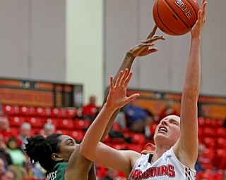  ROBERT K.YOSAY  | THE VINDICATOR..YSU #23 Sarah Cash goes for 2 for a layup as Binghamton#5 Alysssa James defends during third quarter action..YSU Women went down to defeat against Binghamton 70-59  but not without a fight- The Penguins led by at least 10 at some point in the first half..-30-