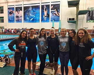 Neighbors | Submitted .Poland swimmers competed in sectionals and districts in February. Pictured are, Carly Ungaro, Chelsea Kilgore, Sarah Wolfe, Rachel Wolfe, Ellie Blasko, Erin Kilgore and Abigale Sharf (Ursuline student).