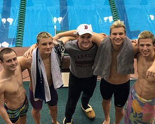 Neighbors | Submitted .Poland swimmers competed in sectionals and districts in February. Pictured are, Nico Lattanzio, Mark Lanterman, Jason Wilson, Kenny Santha and Marik Rogenski.