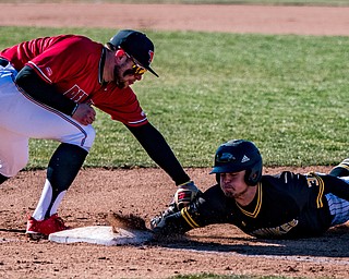 THE VINDICATOR | DIANNA OATRIDGE..Youngstown State's first baseman Andrew Kendrick picks off Milwaukee base runner Devin Rybacki during their Horizon League contest at Eastwood Field on Saturday.