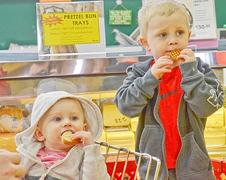 Benjamin Strickland, 3, right, and his sister Brooklyn, 1, of North Jackson, enjoy some free samples on Saturday at the 16th annual White House Weekend at White House Fruit Farm in Canfield.  