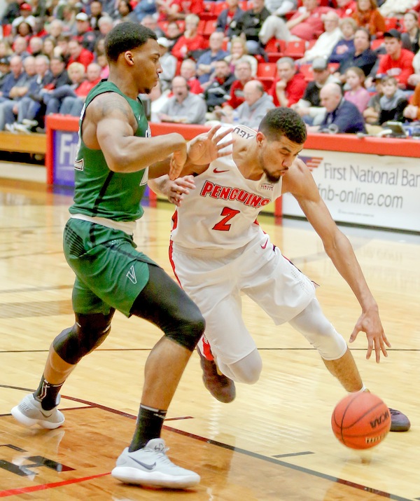 Youngstown State forward Devin Haygood (2) drives past Cleveland State forward Evan Clayborne (22) during their Feb. 24 game at Beeghly Center.