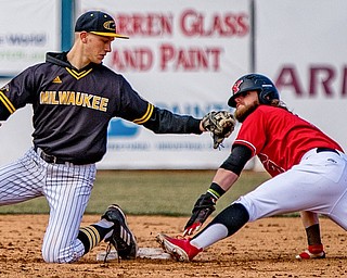 Milwaukee’s Trevor Schwecke tries to tag out Youngstown State’s Jeff Wehler at second base on Saturday during their doubleheader at Eastwood Field. In game two, Wehler was three for four with two doubles and three RBI.