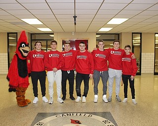 Neighbors | Abby Slanker.The Canfield High School wrestling team sent a school-record seven wrestlers to the 2018 OHSAA State Wrestling Tournament. Team members included, from left, sophomore Nick Crawford (195), sophomore Anthony D'Alesio (170), returning state champion senior David Crawford (182), senior Dan Kapalko (heavyweight), senior David Reinhart (152), junior Tyler Stein (220) and freshman Ethan Fletcher (106). The team members were joined by the Canfield Cardinals mascot Big Red.