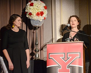 Hillary Fuhrrman speaks as Alison Kaufam observes, after receiving the Diversity Leadership Achievement Award at the Diversity Leadership Recognition Dinner at Stambaugh Tyler Grand Ballroom on Thursday, March 22, 2018.  Both are from the Office of Assessment.

Photo by Scott Williams - The Vindicator.