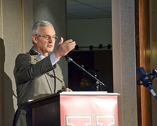 Youngstown State University President James P. Tressel greets the room at the Diversity Leadership Recognition Dinner at Stambaugh Tyler Grand Ballroom on Thursday, March 22, 2018.

Photo by Scott Williams - The Vindicator