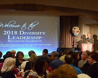 Youngstown State University President James P. Tressel addresses the room at the Diversity Leadership Recognition Dinner at Stambaugh Tyler Grand Ballroom on Thursday, March 22, 2018.

Photo by Scott Williams - The Vindicator