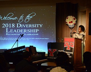 Jasmine Smyles, Kinesiology and Sports Science Major and 2nd year Navarro Executive Fellow, makes the invocation at the Diversity Leadership Recognition Dinner at Stambaugh Tyler Grand Ballroom on Thursday, March 22, 2018.

Photo by Scott Williams - The Vindicator