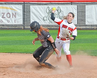 Youngstown State's Alexis Roach, #8, tries to turn a double play after forcing Kristin London, #14, out at second during game two against Indiana University-Purdue University Indianapolis March 24, 2018 at the Covelli Sports Complex at Youngstown State University.

Photo by Scott Williams - The Vindicator