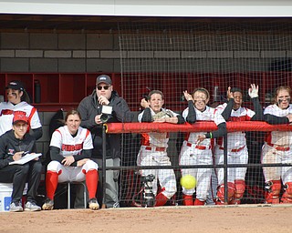 All cheers from the Youngstown State dugout during game two against Indiana University-Purdue University Indianapolis March 24, 2018 at the Covelli Sports Complex at Youngstown State University.

Photo by Scott Williams - The Vindicator.