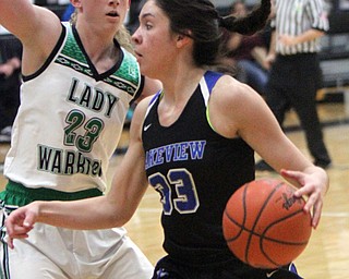 William D. Lewis The vindicator  Lakeview's Annie Pavlansky(33) drives around West Branch's Kayla Hvorka(23) during Bubba action at Warren Harding.