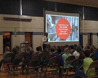 Neighbors | Zack Shively.Poland Middle School participated in Start With Hello Week, a week of activities with a focus on ending social isolation created by Sandy Hook Promise. Pictured, Promise Presenter Andre Elliott spoke to students about identifying a socially isolated student and how to reach out.