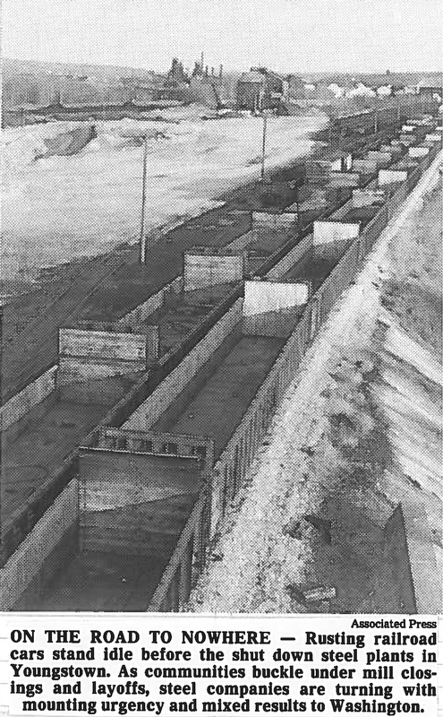 ON THE ROAD TO NOWHERE - Rusting railroad cars stand idle before the shut down steel plants in Youngstown.  As communities buckle under mill closings and layoffs, steel companies are turning with mounting urgency and mixed results to Washington...Associated Press photo.