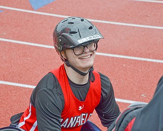 Canfield's Jake Hostetler smiles after competing in the 100 meter dash in Salem on March 29, 2018.

Photo by Scott Williams - The Vindicator