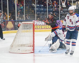 Jack Malone, #18, of the Youngstown Phantoms reacts with his mouth open wide after scoring a goal as Henry Thrun, #33, shakes his head at the Phantoms vs. Team USA game at the Covelli Centre on March 31, 2018...Photo by Scott Williams Ð The Vindicator..