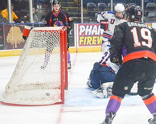 Matthew Barry, #26, and Chase Gresock, #19, of the Youngstown Phantoms watch as the puck enters the net to put the team ahead of Team USA at the Phantoms vs. Team USA game at the Covelli Centre on March 31, 2018...Photo by Scott Williams Ð The Vindicator.