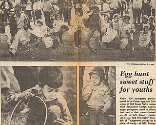 EGG HUNT SWEET STUFF FOR YOUTHS - About 400 youngsters participated in an Easter egg hunt Saturday at Mill Creek Park's James Wick Recreation Center.  Above, eager youngsters raced to collect their loot as their parents looked on. At far left, Jacob Hvisdak, son of Mr. and Mrs. Robert Hvisdak of Youngstown, picked up a piece of candy. At left, Sammy Buzzacco, the 22-month-old son of Mr. and Mrs. Ralph Buzzacco of Youngstown, was among those who could not wait to get home before sampling the fruits of their labor.  The event was sponsored by the Youngstown Jaycees and Mill Creek Park.  

Photos by William D. Lewis - The Vindicator