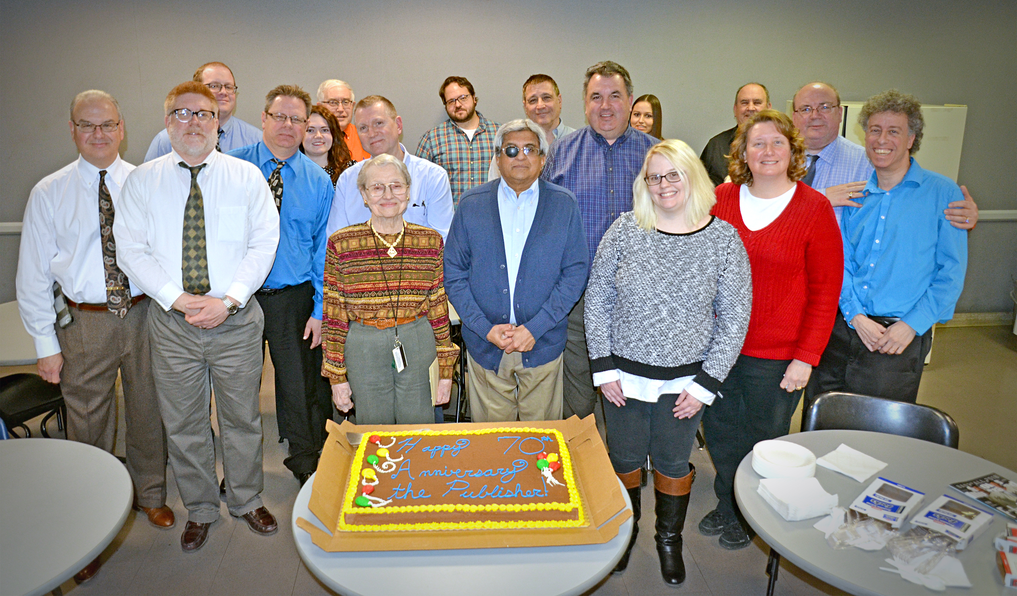 Vindicator staff members celebrate Publisher Betty Brown Jagnow’s 70th anniversary with the newspaper. 
From left, Mark Brown, Tom Wills, Justin Wier, Joe Gorman, Samantha Phillips, Rick Logan, Robert McFerren, Betty Brown Jagnow, Graig Graziosi, Betram de Souza, Guy Dastolfo, Todd Franko, Stephanie Nussle, Julie Zuckla, Robert Yosay, Shirley Brown Sallmen, Mark Sweetwood and Dave Skolnick.