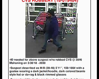 Police are looking for this man who is a suspect in the 8:30 p.m. Friday evening robbery of a CVS at 2846 Mahoning Ave. Anyone with information can contact the detective bureau at 330-742-8911.
