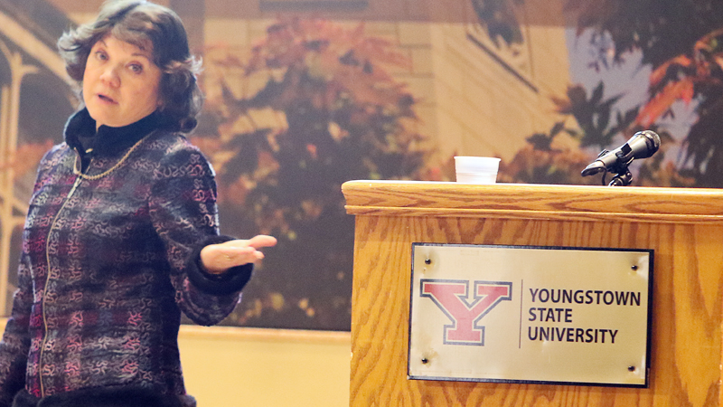 Donna J. Nelson, University of Oklahoma chemistry professor who served as a consultant on the TV show “Breaking Bad,” gives the keynote address at the 29th annual QUEST Forum for Student Scholarship Tuesday at Youngstown State University.