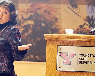 Donna J. Nelson, University of Oklahoma chemistry professor who served as a consultant on the TV show “Breaking Bad,” gives the keynote address at the 29th annual QUEST Forum for Student Scholarship Tuesday at Youngstown State University.
