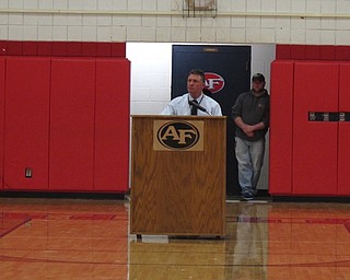 Neighbors | Zack Shively.Austintown Fitch High School had a safety assembly in their gymnasium on March 14 to talk about safety and commemorate those who died in the Stoneman Douglas shooting. Pictured, Principal Chris Berni welcomed the students and spoke about safety.