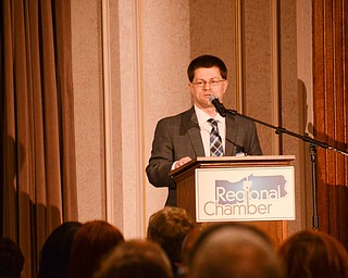 Matt Pagac, Stambaugh Auditorium General Manager, addresses guests at the Youngstown/Warren Regional Chamber of Commerce's "Good Morning, Youngstown" breakfast at Stambaugh Auditorium on Friday, April 6, 2018...Photo by Scott Williams - The Vindicator.