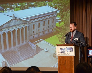 Michael McGiffin, Director of Development and Community Relations for Stambaugh Auditorium, announces the auditorium's latest project to refurbish the 5th Avenue steps at the Youngstown/Warren Regional Chamber of Commerce's "Good Morning, Youngstown" breakfast at Stambaugh Auditorium on Friday, April 6, 2018...Photo by Scott Williams - The Vindicator.