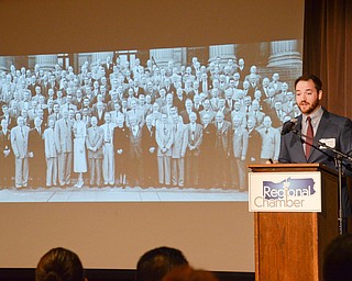 Michael McGiffin, Director of Development and Community Relations for Stambaugh Auditorium, announces the auditorium's latest project to refurbish the 5th Avenue steps at the Youngstown/Warren Regional Chamber of Commerce's "Good Morning, Youngstown" breakfast at Stambaugh Auditorium on Friday, April 6, 2018.

Photo by Scott Williams - The Vindicator