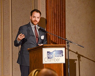 Michael McGiffin, Director of Development and Community Relations for Stambaugh Auditorium, announces the auditorium's latest project to refurbish the 5th Avenue steps at the Youngstown/Warren Regional Chamber of Commerce's "Good Morning, Youngstown" breakfast at Stambaugh Auditorium on Friday, April 6, 2018.

Photo by Scott Williams - The Vindicator.