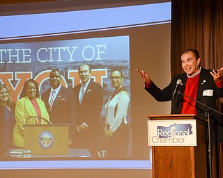 Dr. Ronald Dwinnells, CEO of One Health Ohio, addresses guests at the Youngstown/Warren Regional Chamber of Commerce's "Good Morning, Youngstown" breakfast at Stambaugh Auditorium on Friday, April 6, 2018.

Photo by Scott Williams - The Vindicator