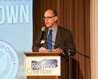 Guy Coviello, Vice President of Government Affairs, introduces speaker Jamael Tito Brown to the Youngstown/Warren Regional Chamber of Commerce's "Good Morning, Youngstown" breakfast at Stambaugh Auditorium on Friday, April 6, 2018.

Photo by Scott Williams - The Vindicator