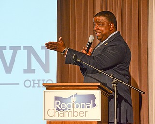 Jamael Tito Brown, Mayor of Youngstown, addresses guests at the Youngstown/Warren Regional Chamber of Commerce's "Good Morning, Youngstown" breakfast at Stambaugh Auditorium on Friday, April 6, 2018.

Photo by Scott Williams - The Vindicator