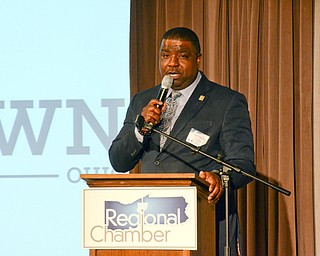 Jamael Tito Brown, Mayor of Youngstown, addresses guests at the Youngstown/Warren Regional Chamber of Commerce's "Good Morning, Youngstown" breakfast at Stambaugh Auditorium on Friday, April 6, 2018.

Photo by Scott Williams - The Vindicator