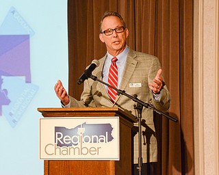 James Kinnick, Executive Director of Eastgate Regional Council of Governments, addresses guests at the Youngstown/Warren Regional Chamber of Commerce's "Good Morning, Youngstown" breakfast at Stambaugh Auditorium on Friday, April 6, 2018...Photo by Scott Williams - The Vindicator