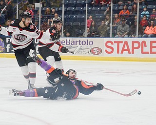 Youngstown Phantom #17, Joey Abate, goes for a ride on the ice after being tripped by Chicago Steel #26, Aaro Vidgren, at the Youngstown Phantoms vs. Chicago Steel hockey game at Covelli Centre on Saturday April 7, 2018.

Photo by Scott Williams - The Vindicator