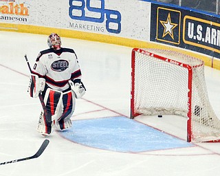 Chicago Steel #30, Justin Robbins, looks up towards the sky in defeat after letting Youngstown Phantom #6, Max Ellis, put the puck in the net at the Youngstown Phantoms vs. Chicago Steel hockey game at Covelli Centre on Saturday April 7, 2018.

Photo by Scott Williams - The Vindicator