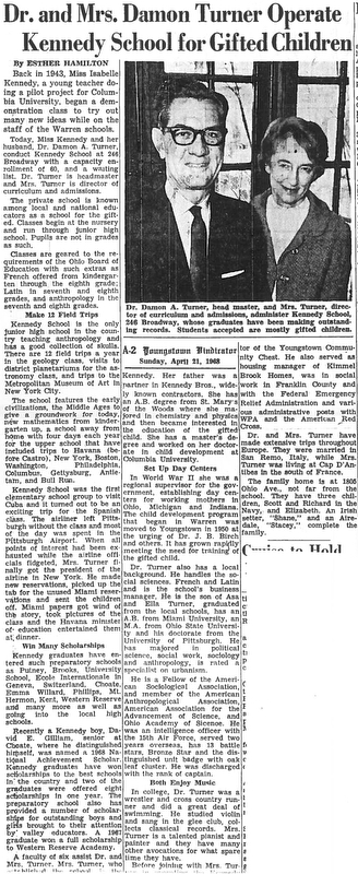 Dr. and Mrs. Damon Turner Operated Kennedy School for Gifted Children.

Story by Esther Hamilton.

Published Sunday, April 21, 1968.