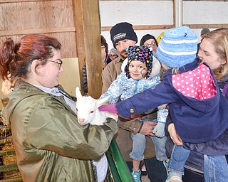 Father Eric Wojtowicz holds daughter Madeline, 3, as mother Becky Wojtowicz holds daughter Emily, 3, as they pet a baby goat, held by Natalie DelSignore, a volunteer with Jr. Fair Board, at Mill Creek MetroParks' annual Farm Animal Baby Shower at the MetroParks Farm in Canfield on Sunday April 8, 2018.

Photo by Scott Williams - The Vindicator