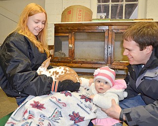 Ten-month-old Hannah Mong and her father Dave we excited to pet a rabbit at Mill Creek MetroParks' annual Farm Animal Baby Shower at the MetroParks Farm in Canfield on Sunday April 8, 2018. The rabbit is held by Sarah DeLucia, a volunteer from New Middletown.

Photo by Scott Williams - The Vindicator