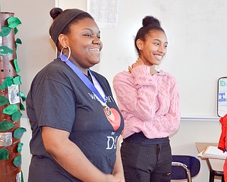 Brianna James, 11th grade, (left) and Talasia Vazquez, 9th grade, at two members of the Destination Imagination group at East East School.

Photo by Scott Williams - The Vindicator