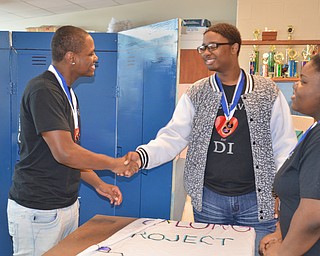 Kaysonn Madison, 10th grade, (left), Marquan Stevenson, 11th grade, (center), and Brianna James, 11th grade, (right), act out part of their Destination Imagination skit at East East School on Monday, April 9, 2018.

Photo by Scott Williams - The Vindicator