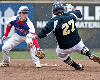 William D. Lewis The Vindicator Western Reserve pitcher Ryan Demsky(3) tags Lowellville's Jason Higgins at 2nd during snowy 4-9-18 game at Cene .