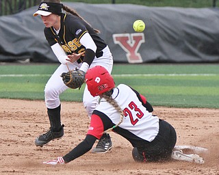 William D. Lewis The Vindicator  YSU Lexi Zappitelli(23) is safe at 2nd as NKU's Toree Stalter(6) loses ontrol of the balll during 2nd game withNKU 4-10-18