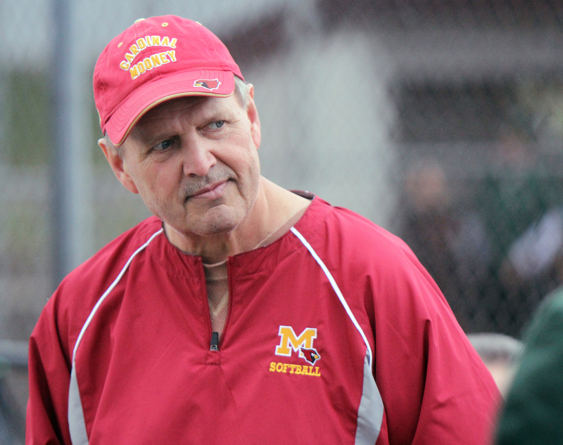 William D. Lewis The Vindicator Mooney Softball coach Mark Rinhart during 4-11-18 qt Feilds of Dreams.