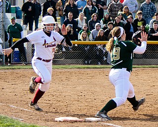 William D. Lewis The Vindicator Mooney's Conchetta Rinaldi(26) is out a 1rst as Ursuline's Jenna O'Hara makes the catch during 4-11-18 game at Fields of Dreams.